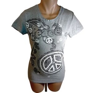 Vintage Y2K Majora Rhinestone Peace Sign Paisley Graphic Tee Shirt Mcbling  L
